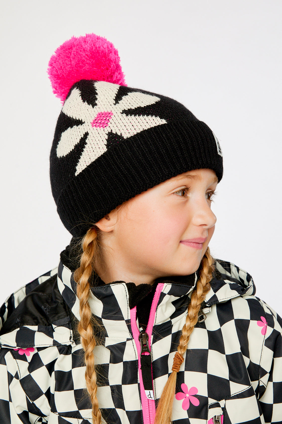 Winter Knit Hat With Pompom Black, White And Pink