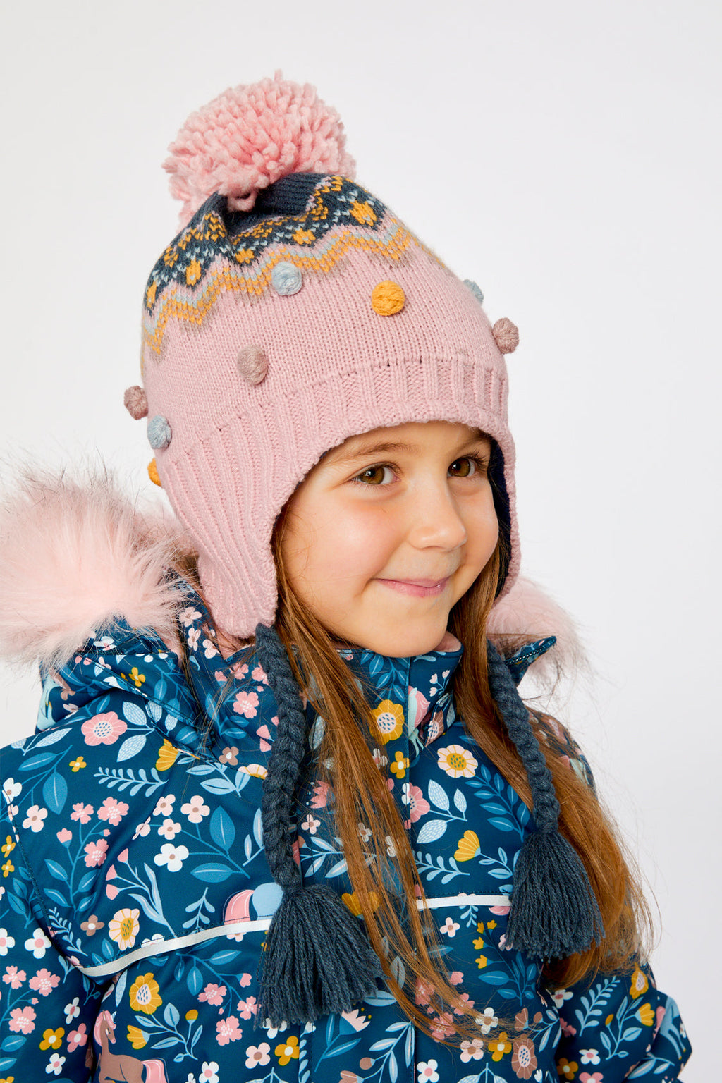 Winter Peruvian Knit Hat With Pompom Pink And Blue Jacquard