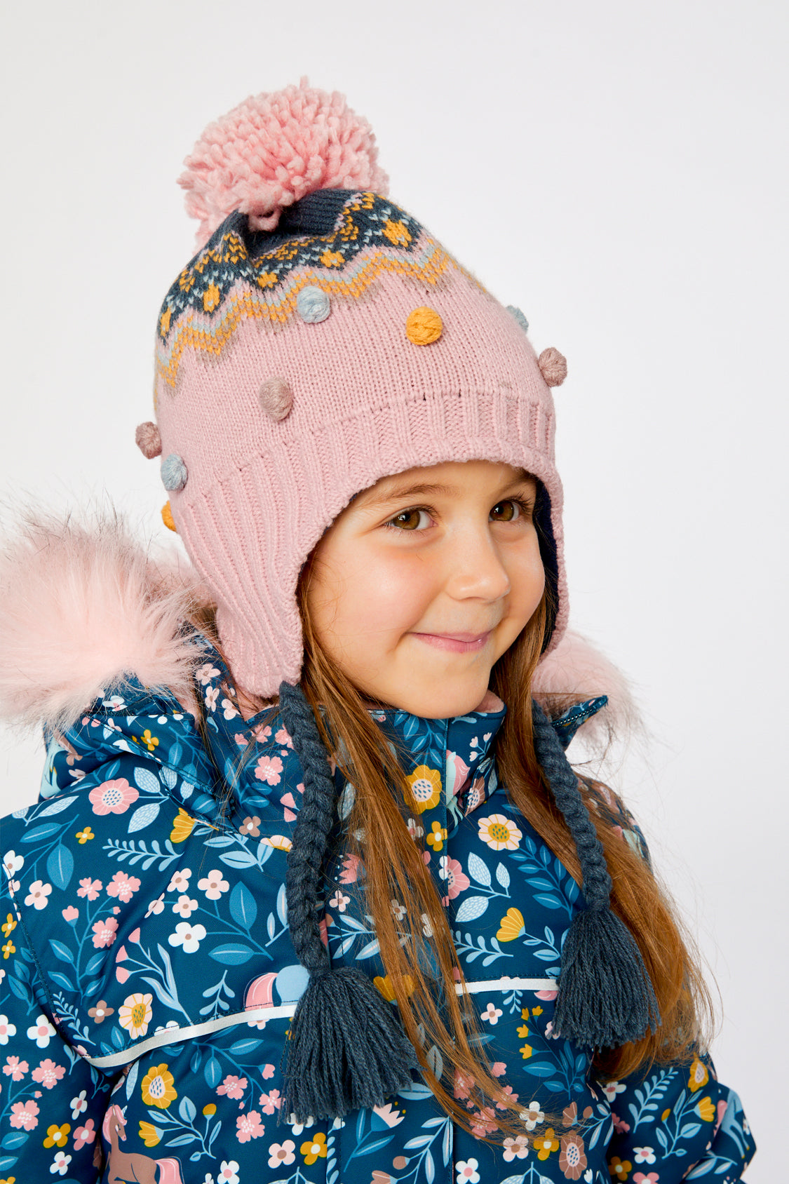 Winter Peruvian Knit Hat With Pompom Pink And Blue Jacquard