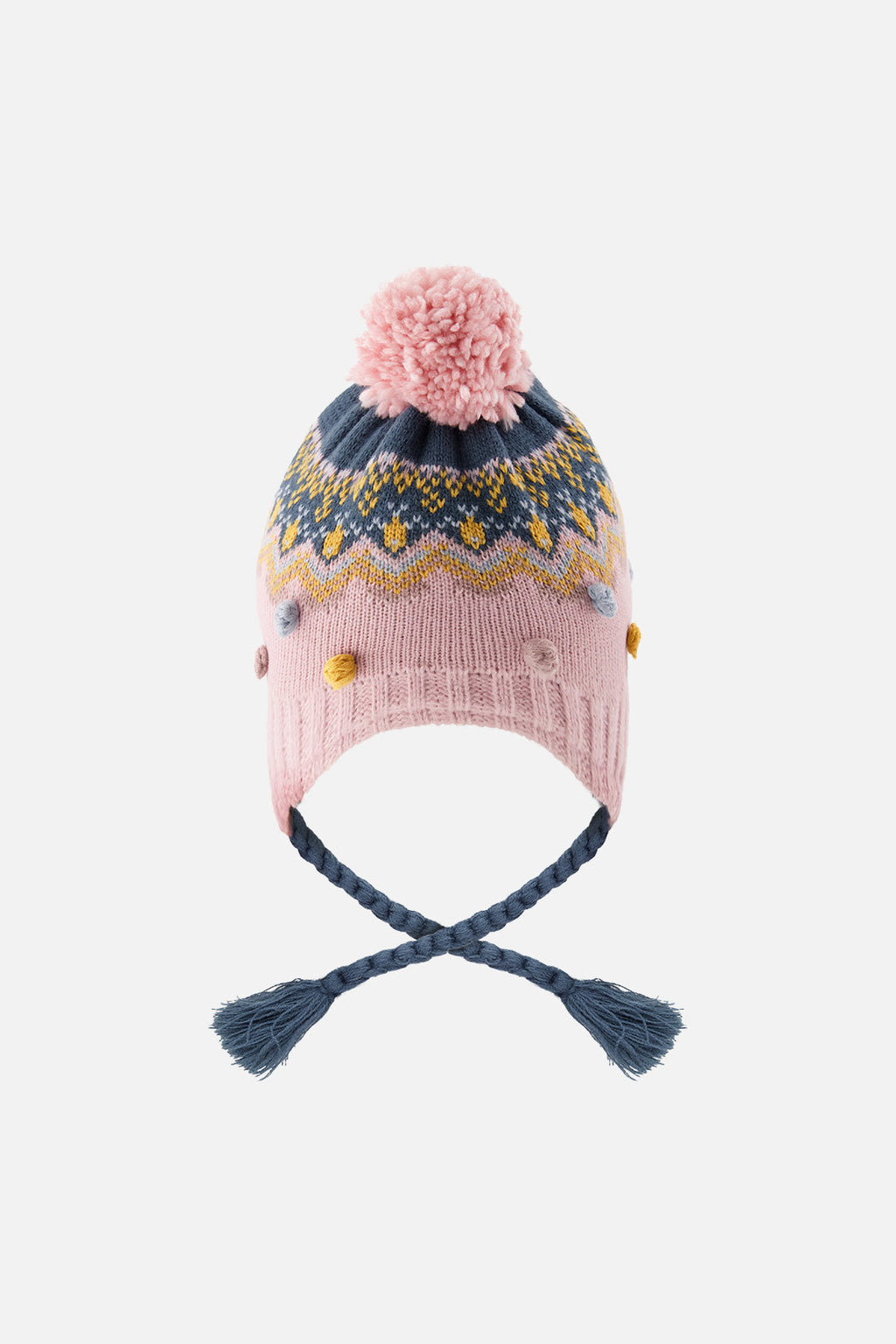 Winter Peruvian Knit Hat With Pompom Pink And Blue Jacquard