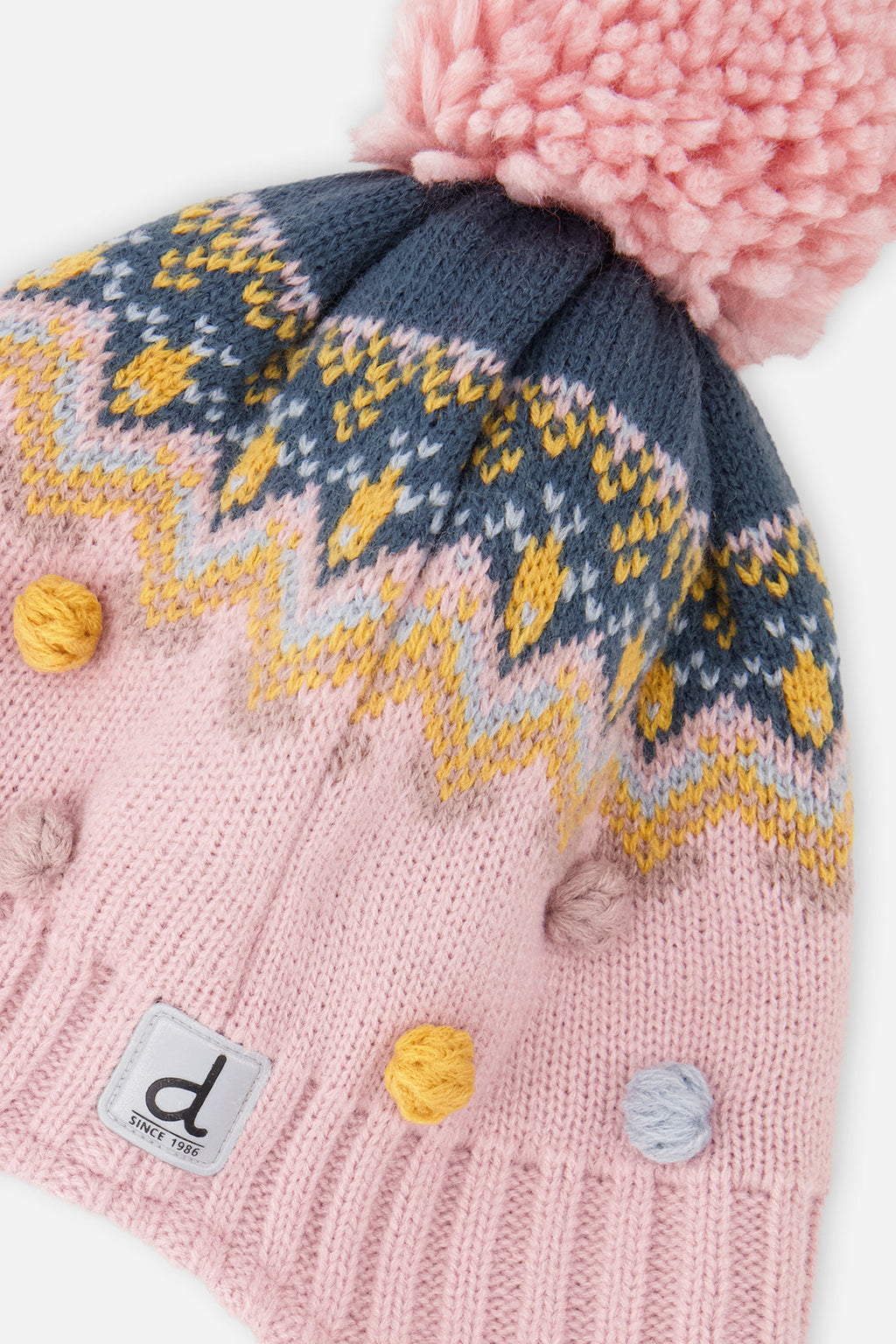 Winter Peruvian Knit Hat With Pompom Pink And Blue Jacquard
