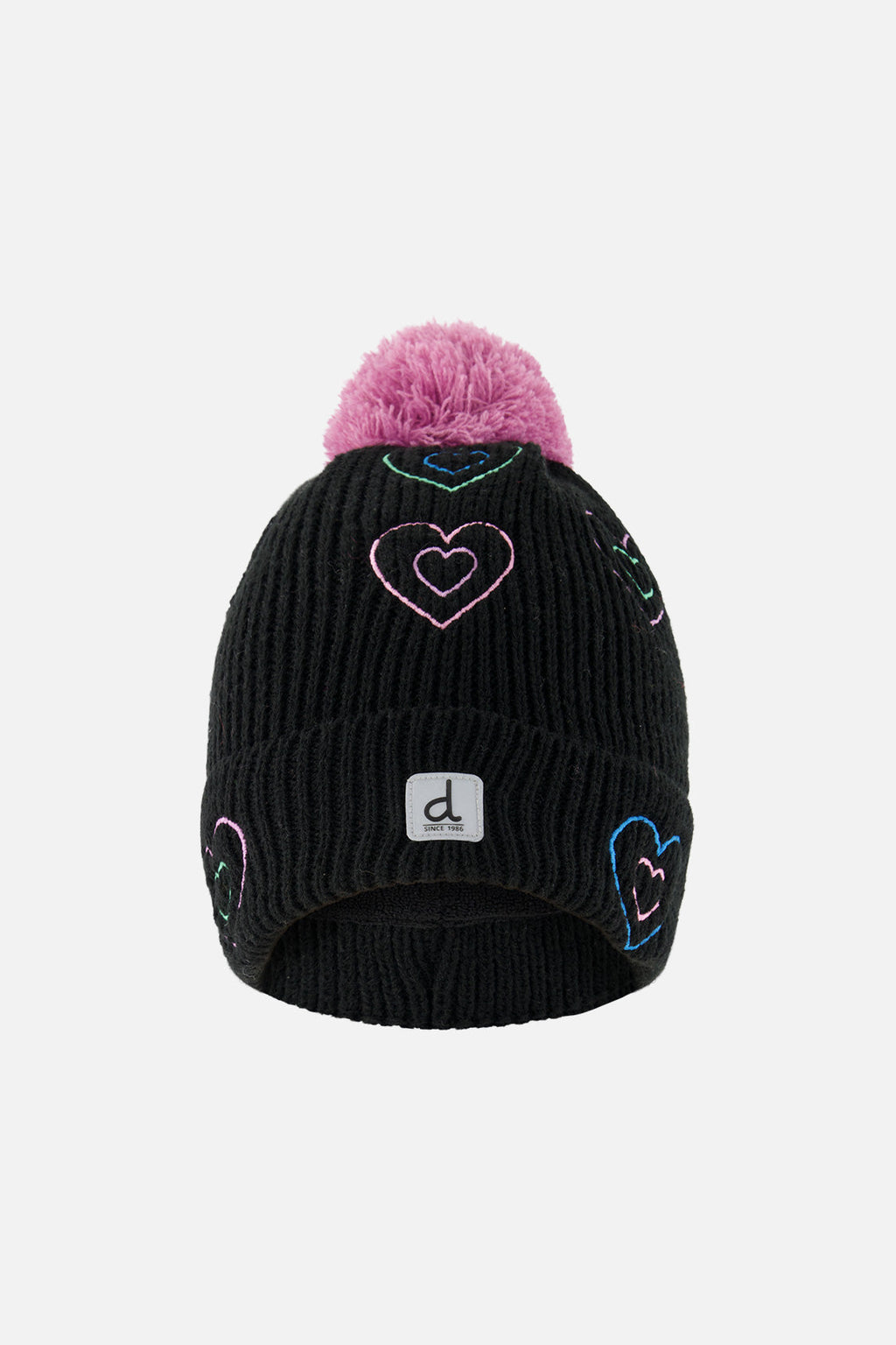 Winter Knit Hat With Pompom Black, Mauve And Blue