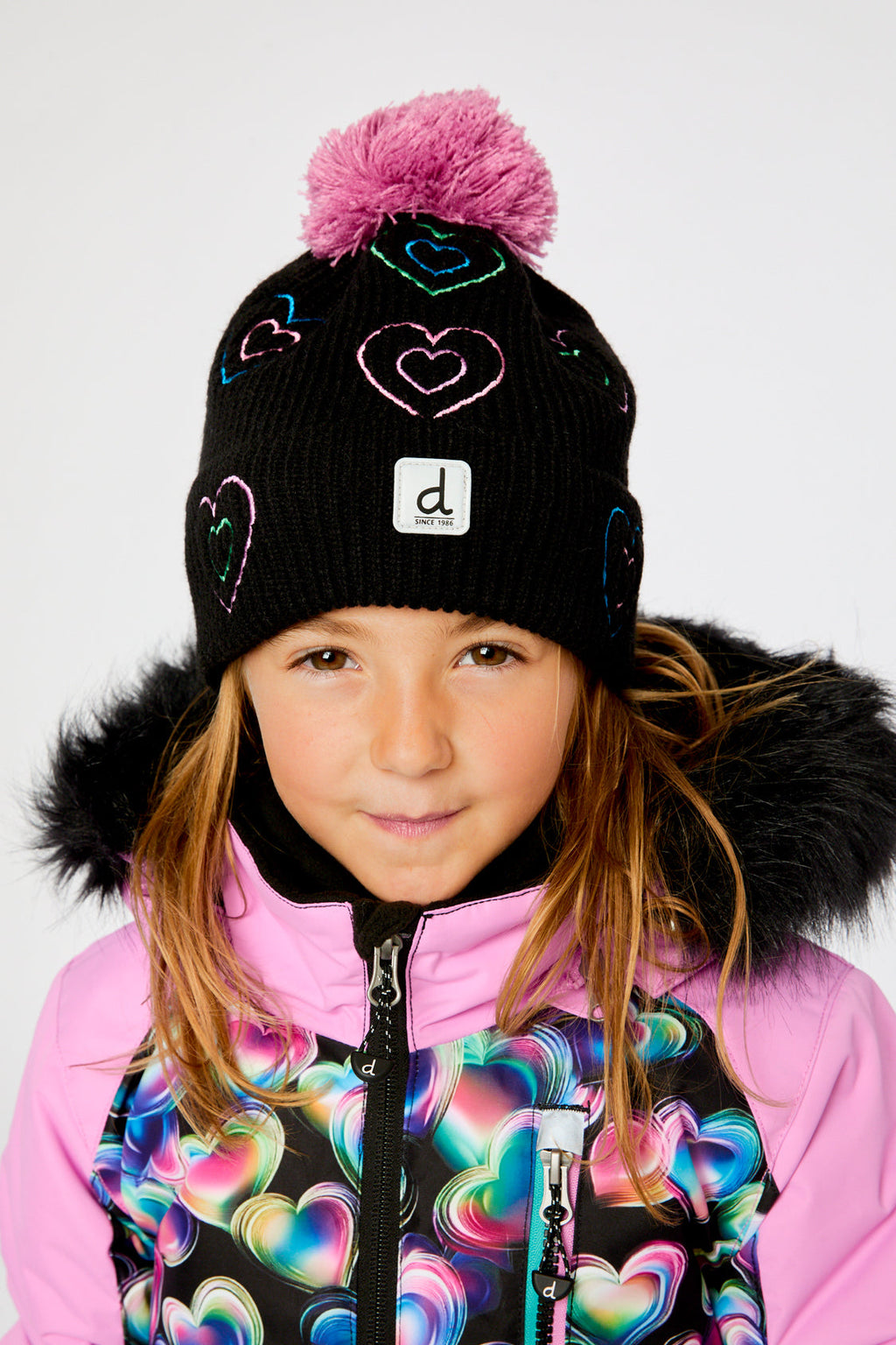 Winter Knit Hat With Pompom Black, Mauve And Blue
