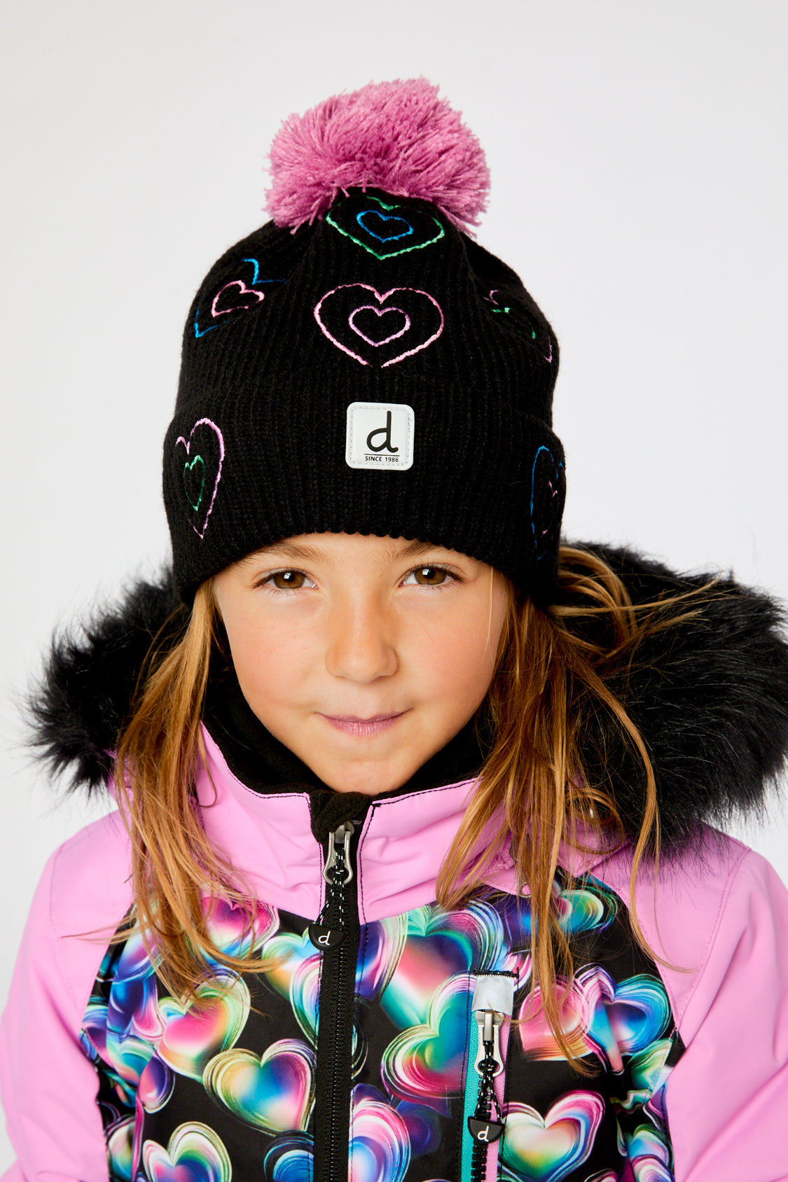 Winter Knit Hat With Pompom Black, Mauve And Blue