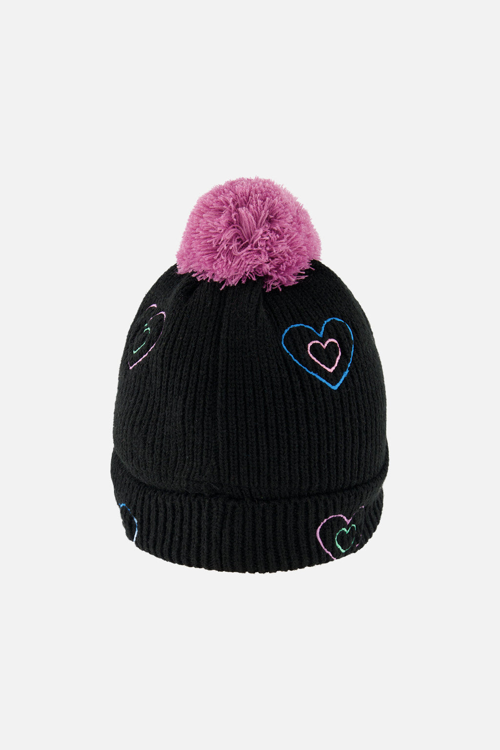 Winter Knit Hat With Pompom Black, Mauve And Blue