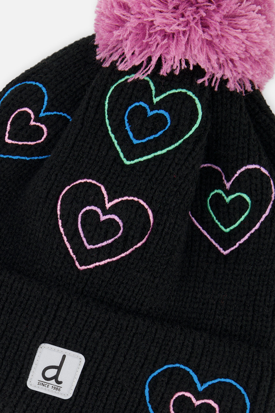 Winter Knit Hat With Pompom Black, Mauve And Blue