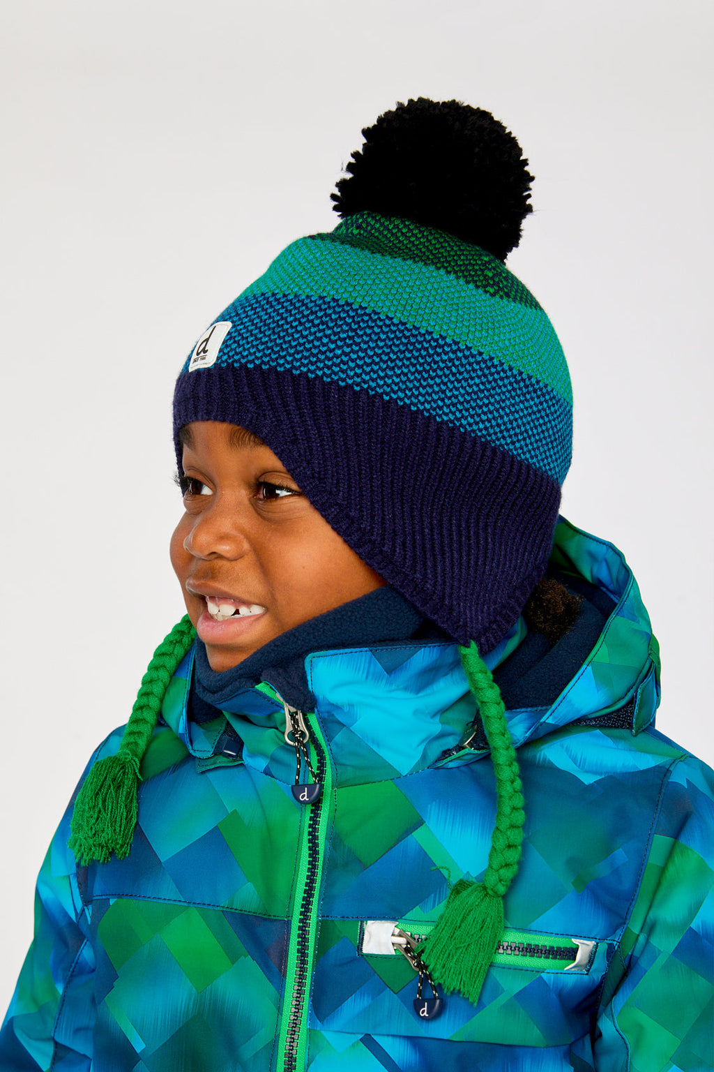 Winter Peruvian Knit Hat With Pompom Blue And Green Knit