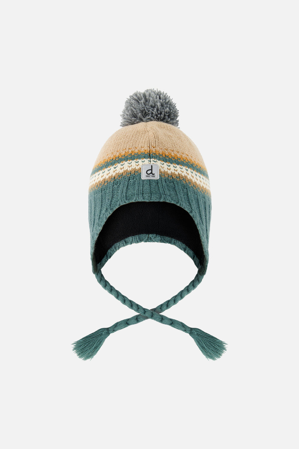 Winter Peruvian Knit Hat With Pompom Beige And Green Jacquard