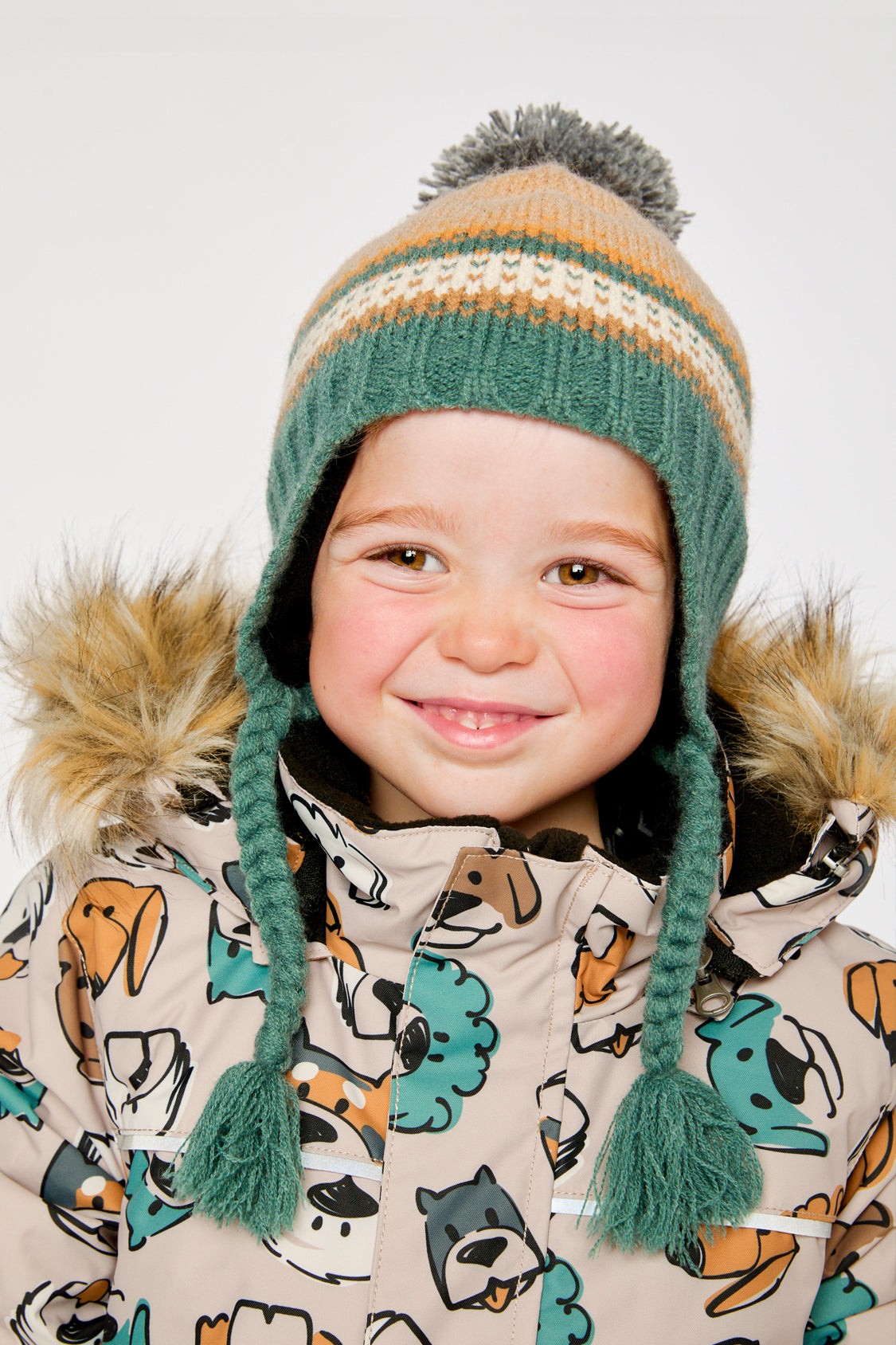 Winter Peruvian Knit Hat With Pompom Beige And Green Jacquard