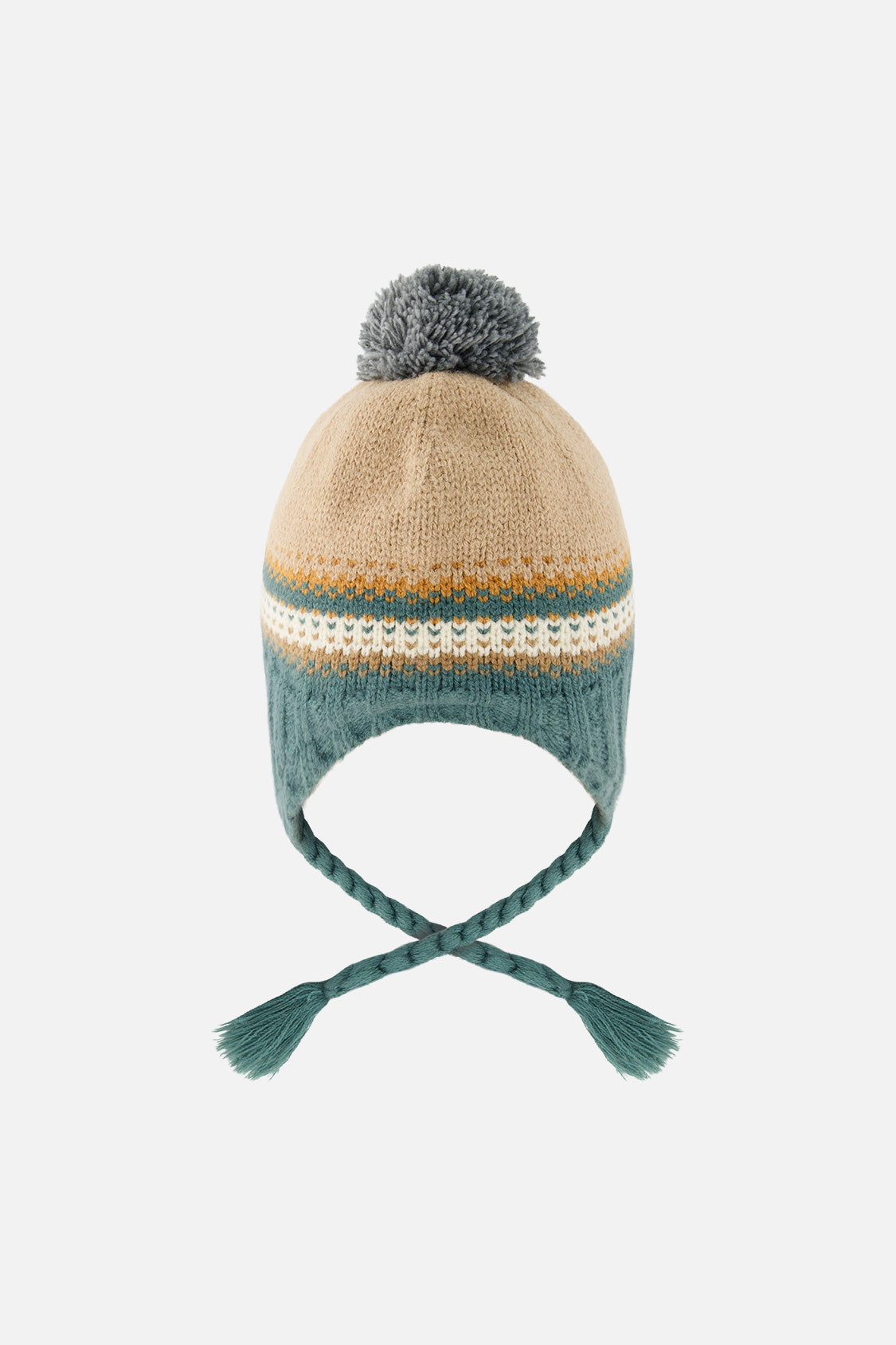 Winter Peruvian Knit Hat With Pompom Beige And Green Jacquard