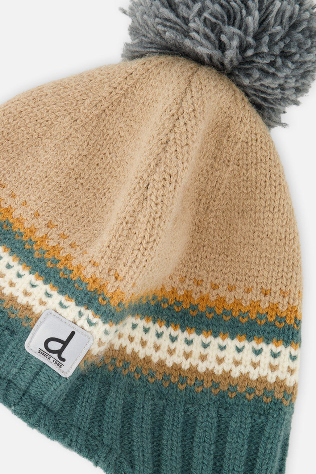 Winter Peruvian Knit Hat With Pompom Beige And Green Jacquard