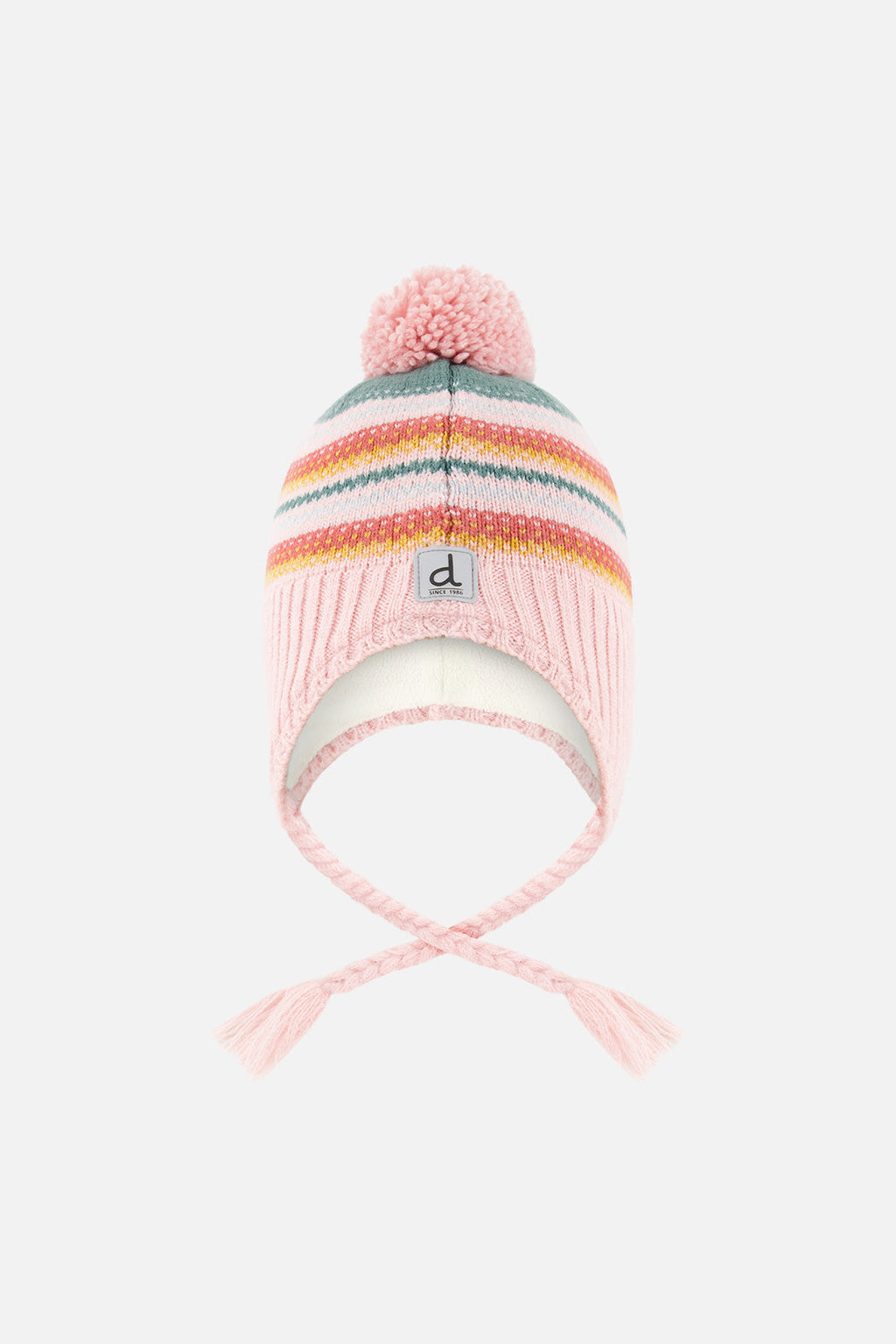 Baby Winter Peruvian Knit Hat With Pompom Pink And Green Jacquard