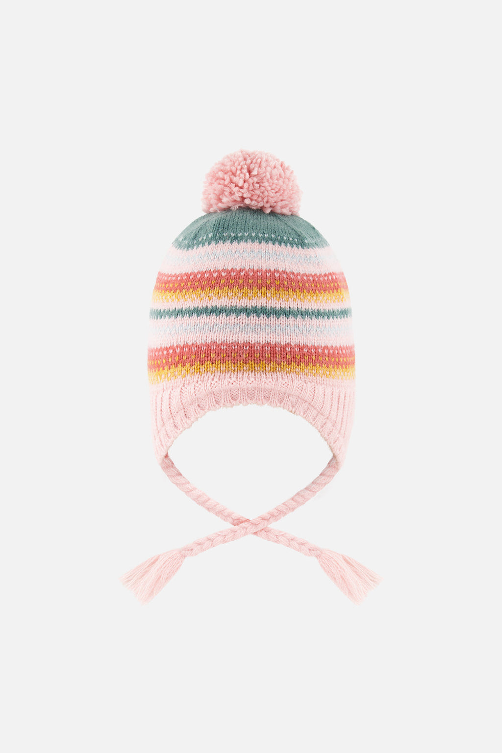 Baby Winter Peruvian Knit Hat With Pompom Pink And Green Jacquard