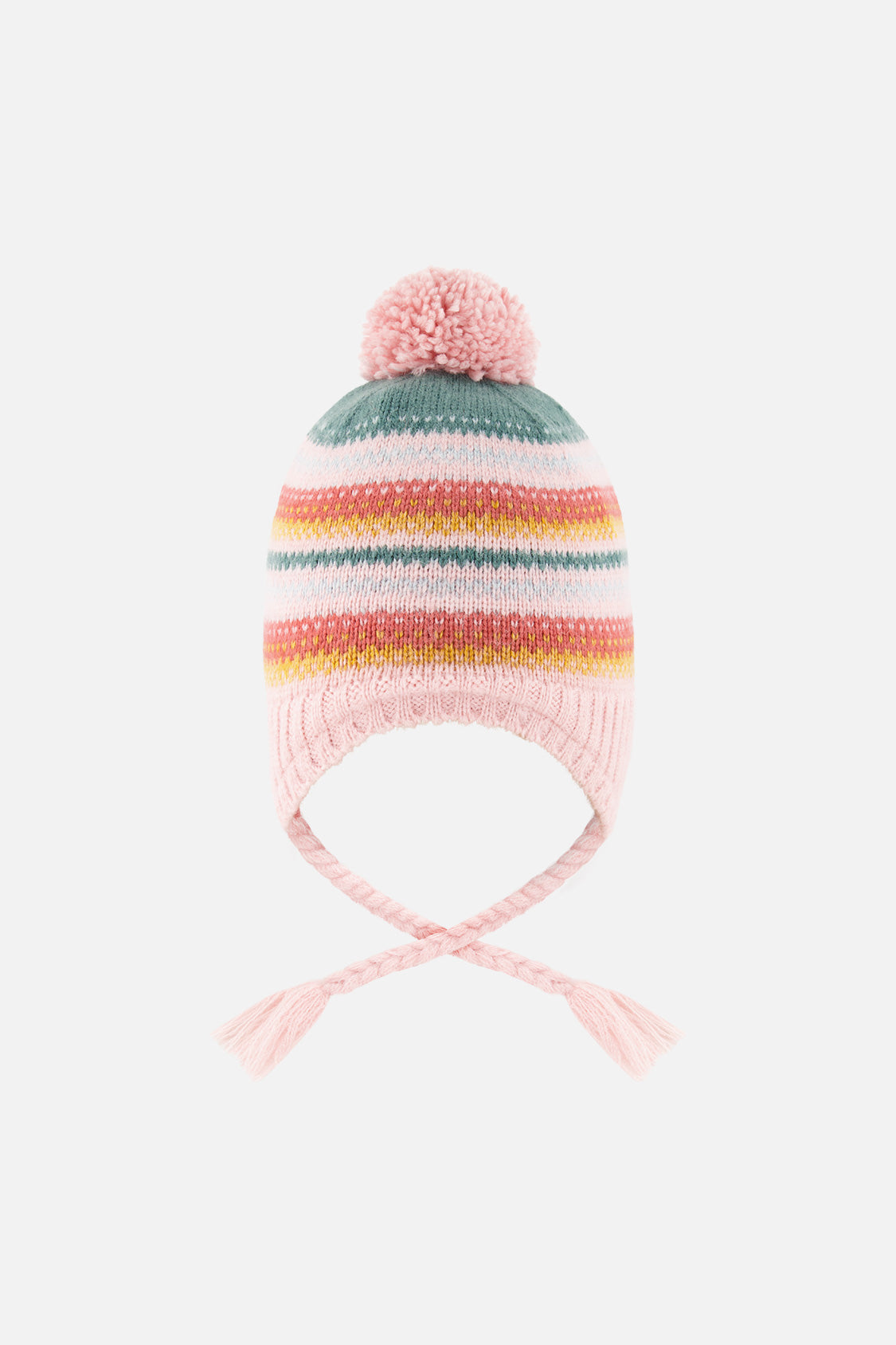 Baby Winter Peruvian Knit Hat With Pompom Pink And Green Jacquard