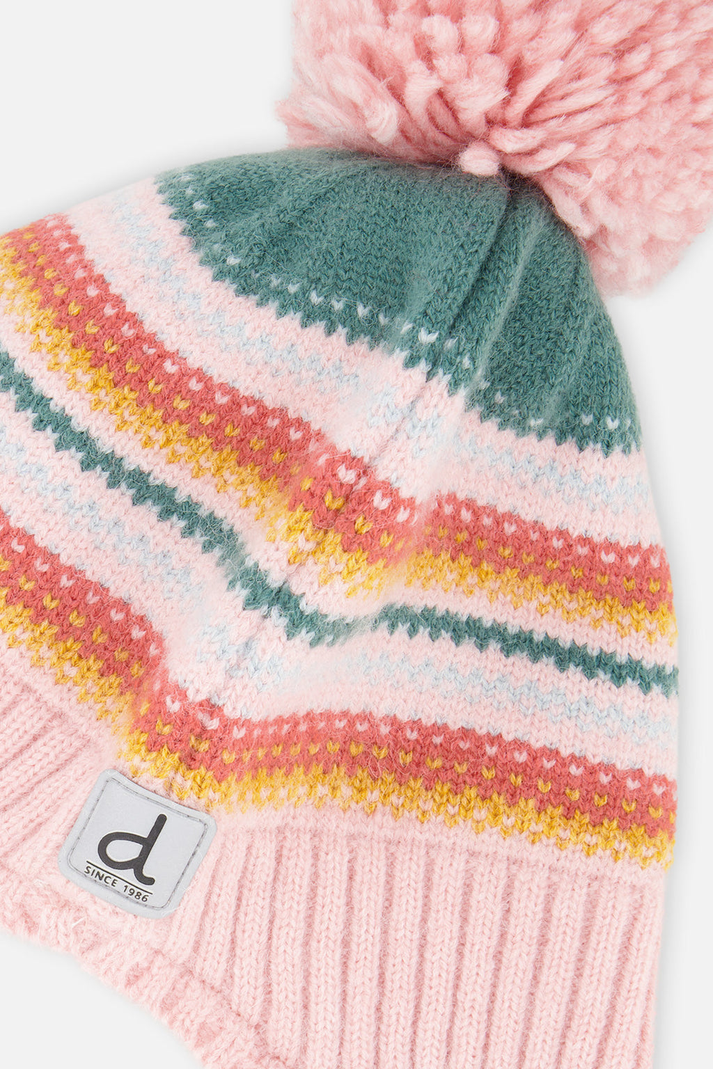 Baby Winter Peruvian Knit Hat With Pompom Pink And Green Jacquard