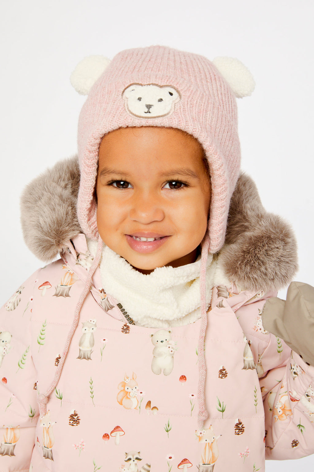 Baby Winter Knit Hat With Ear Flaps And Ears Pale Dusty Pink