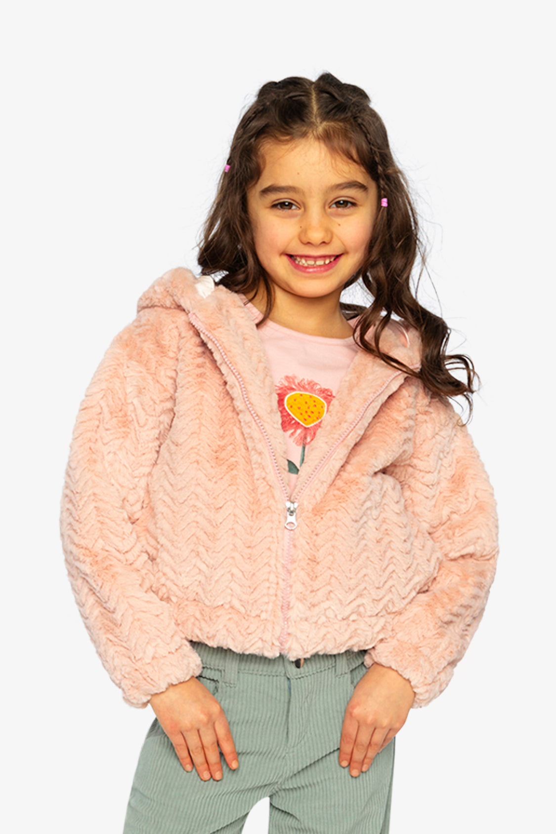 Faux Fur Hooded Cardigan Pink