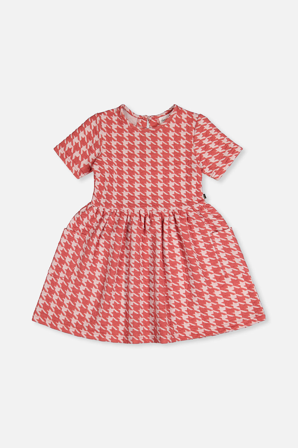 Short Sleeve Dress With Pockets Pink And White Houndstooth