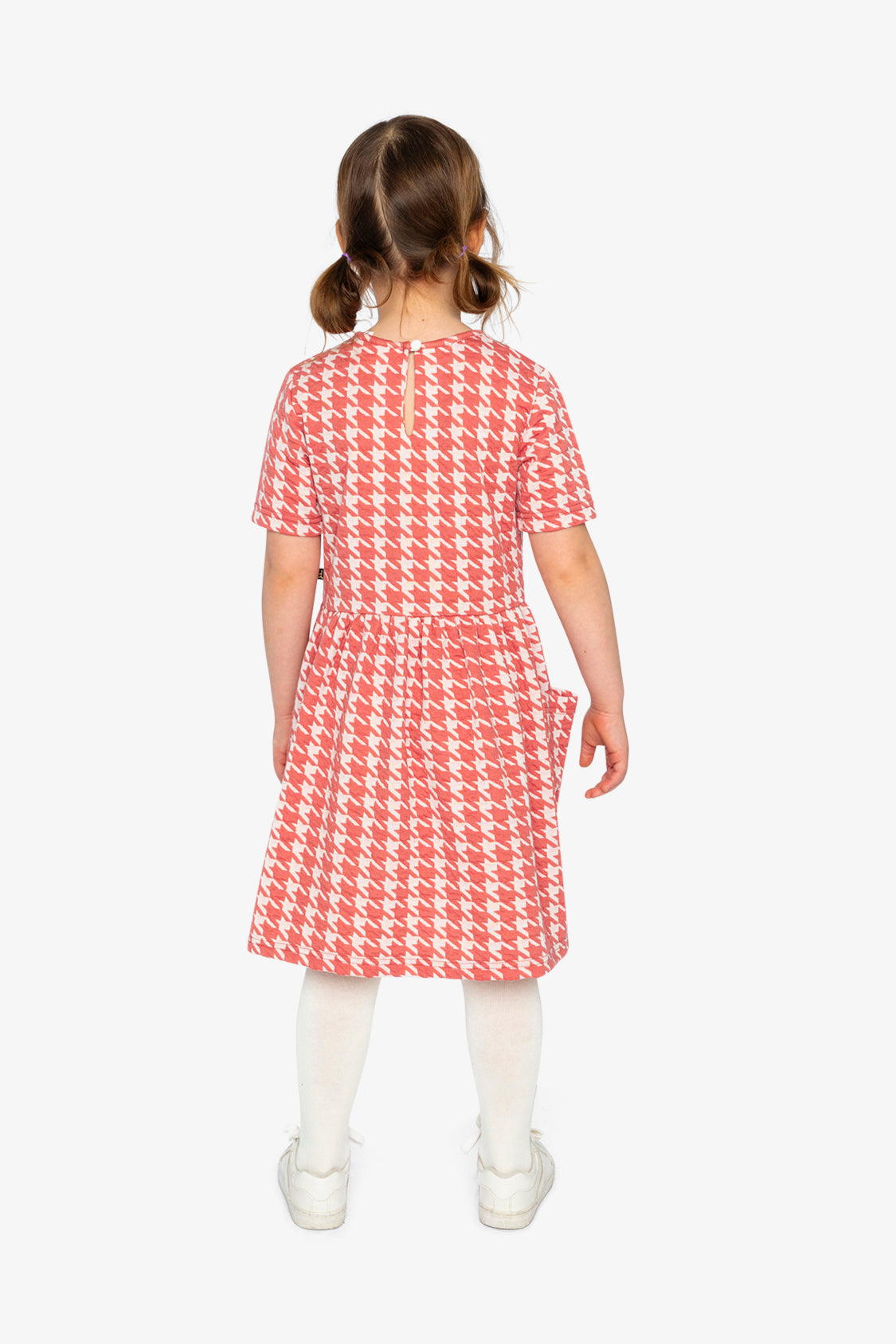 Short Sleeve Dress With Pockets Pink And White Houndstooth