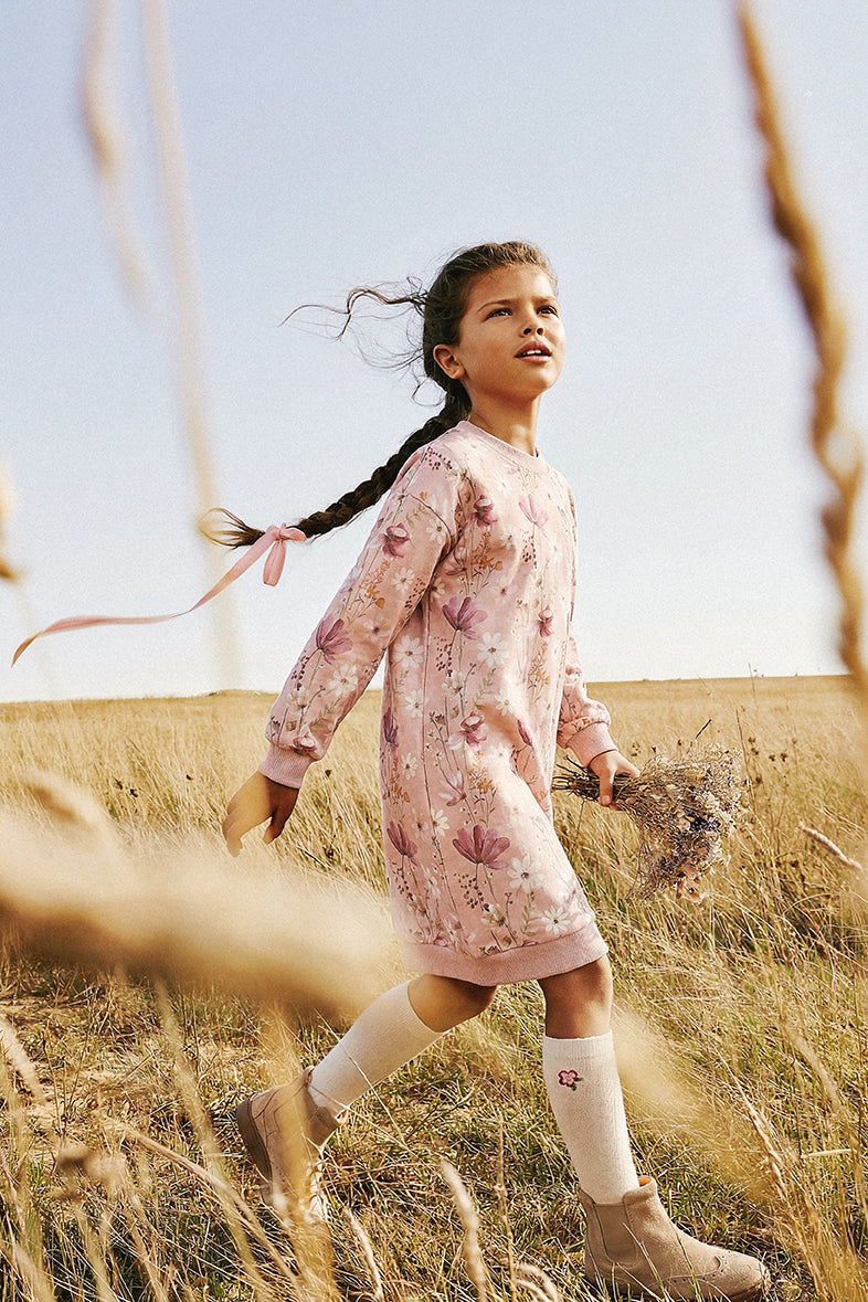 French Terry Dress Pink Printed Flowers