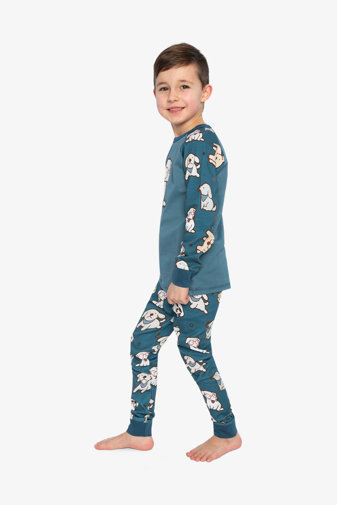 Organic Cotton Two Piece Pajama Set Turquoise Dog Print