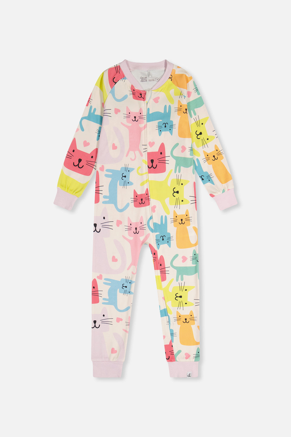 Organic Cotton One Piece Pajama White Cat Print