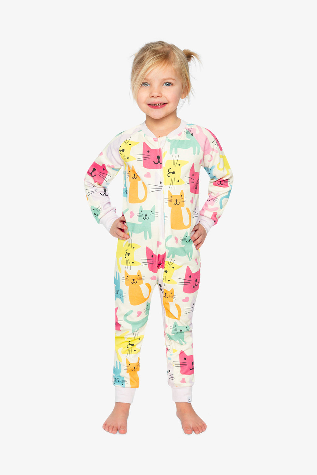 Organic Cotton One Piece Pajama White Cat Print