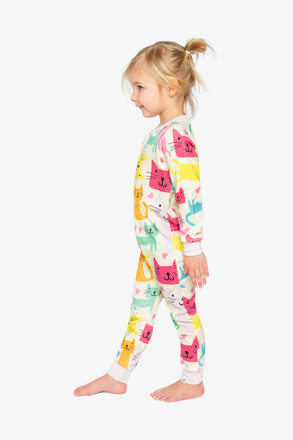Organic Cotton One Piece Pajama White Cat Print