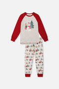 Organic Cotton Two Piece Christmas Pajama Set Beige Christmas Print