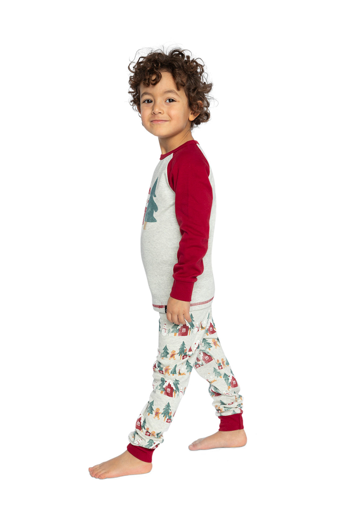 Organic Cotton Two Piece Christmas Pajama Set Beige Christmas Print