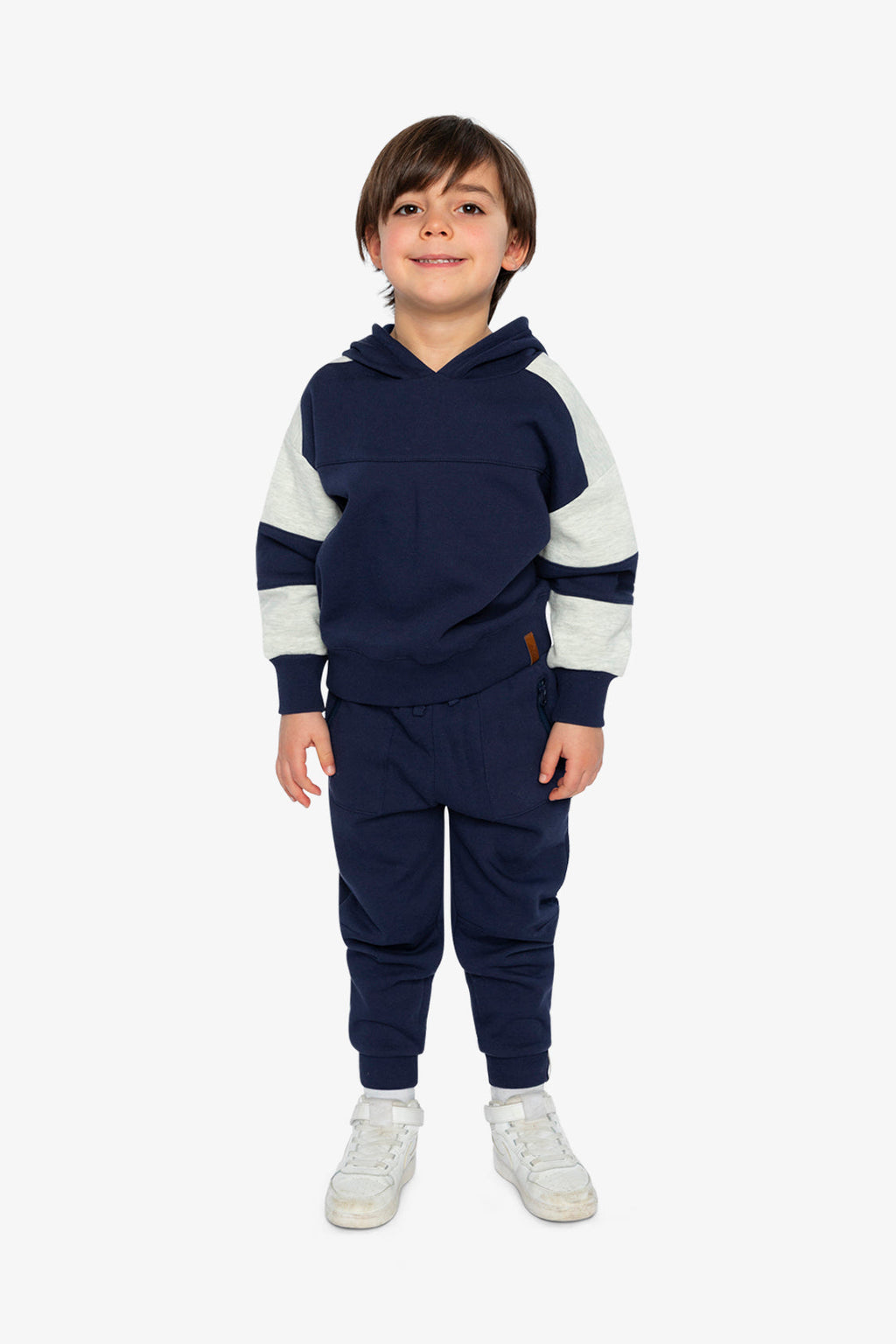 Hooded Striped Fleece Cardigan Dark Blue And Beige