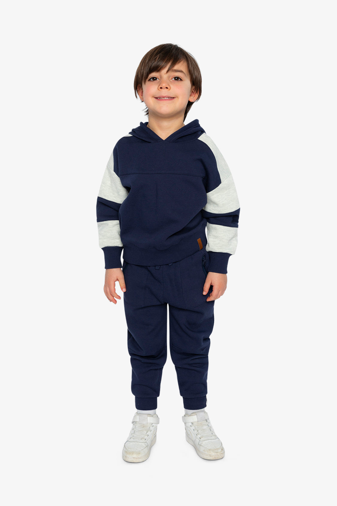 Hooded Striped Fleece Cardigan Dark Blue And Beige