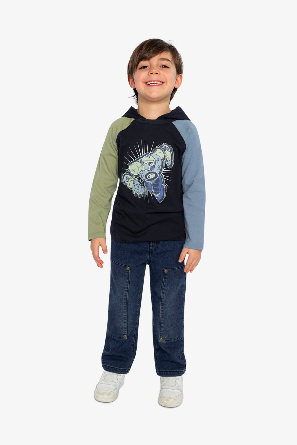 Raglan Hooded T-Shirt Dark Blue And Green