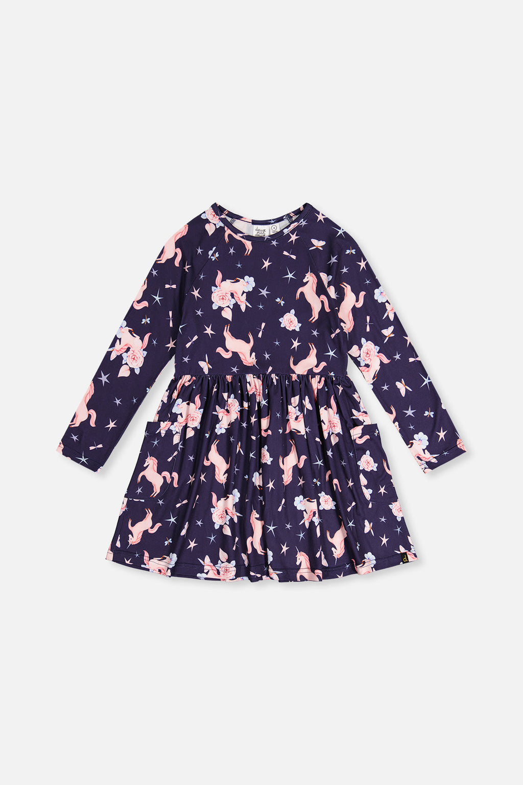 Long Sleeve Dress Navy Unicorn Print