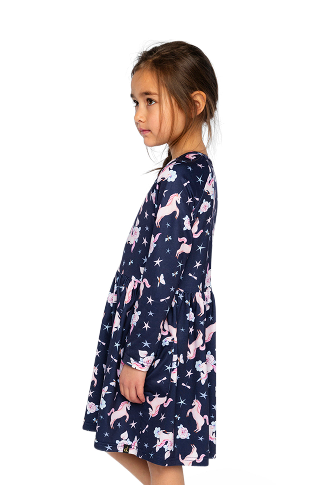 Long Sleeve Dress Navy Unicorn Print