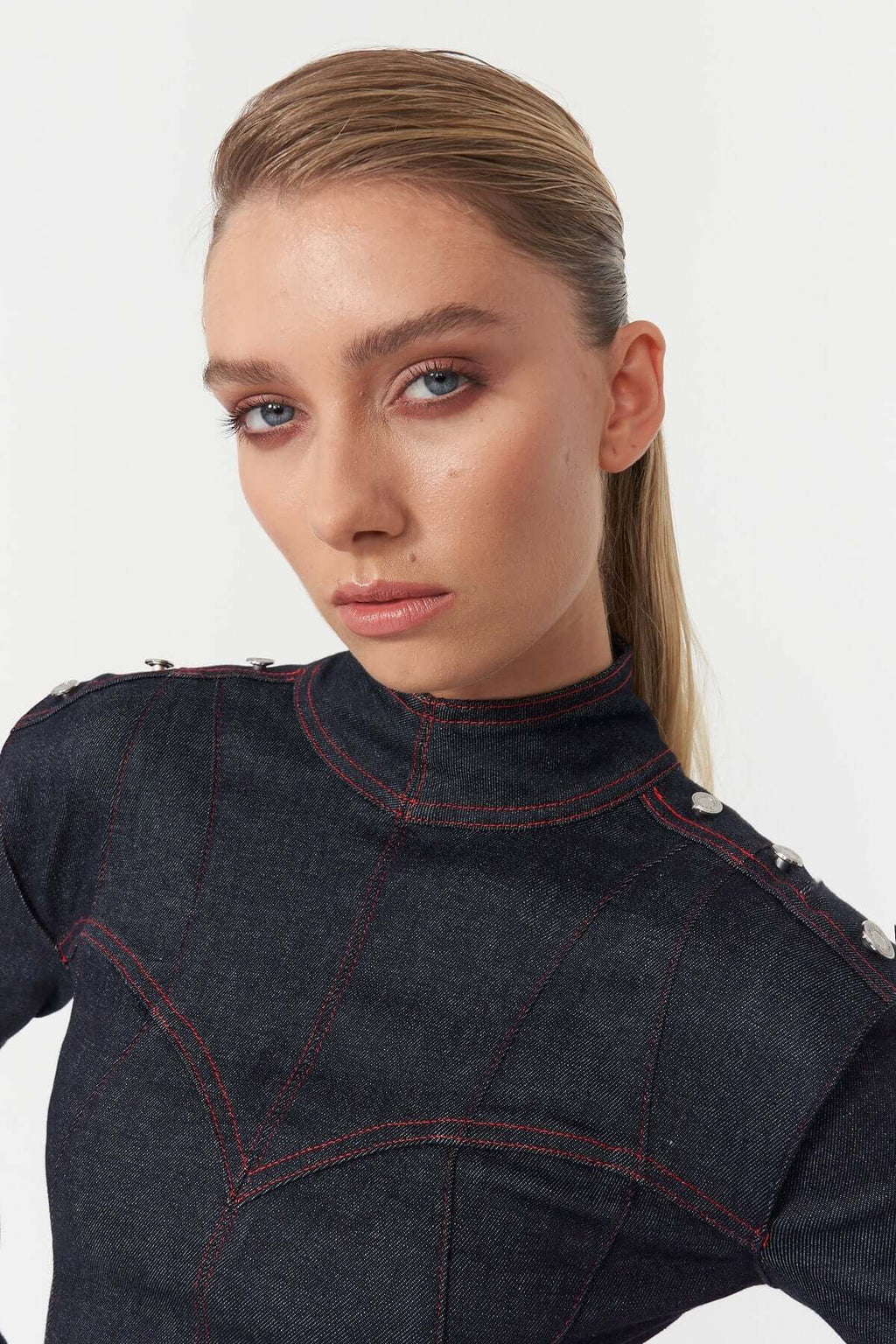 JENDUE Harvey Denim Mini Dress - Structured Design