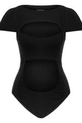 JENDUE Otara Black Bodysuit | Stylish Cut-Out Denim Top