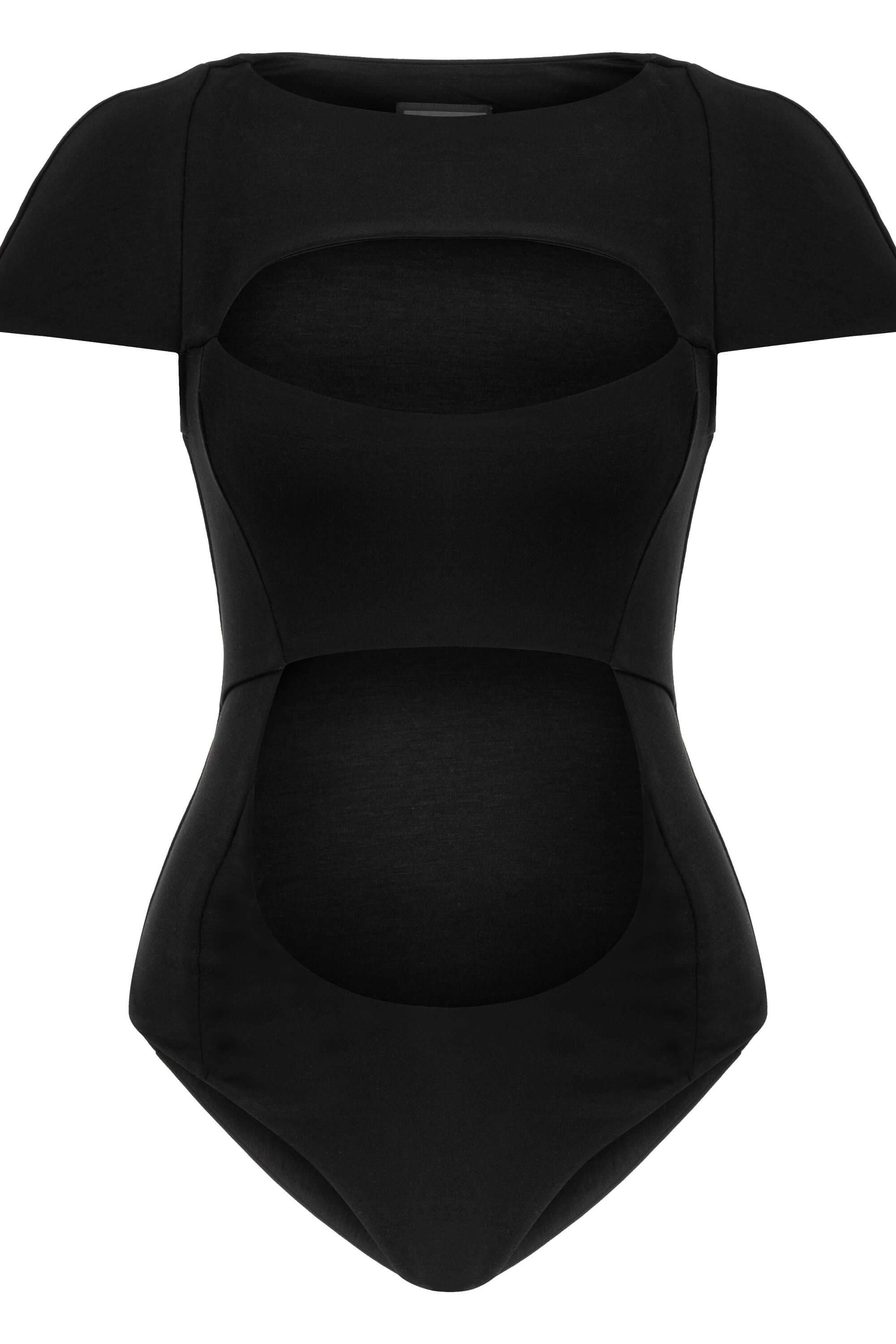 JENDUE Otara Black Bodysuit | Stylish Cut-Out Denim Top