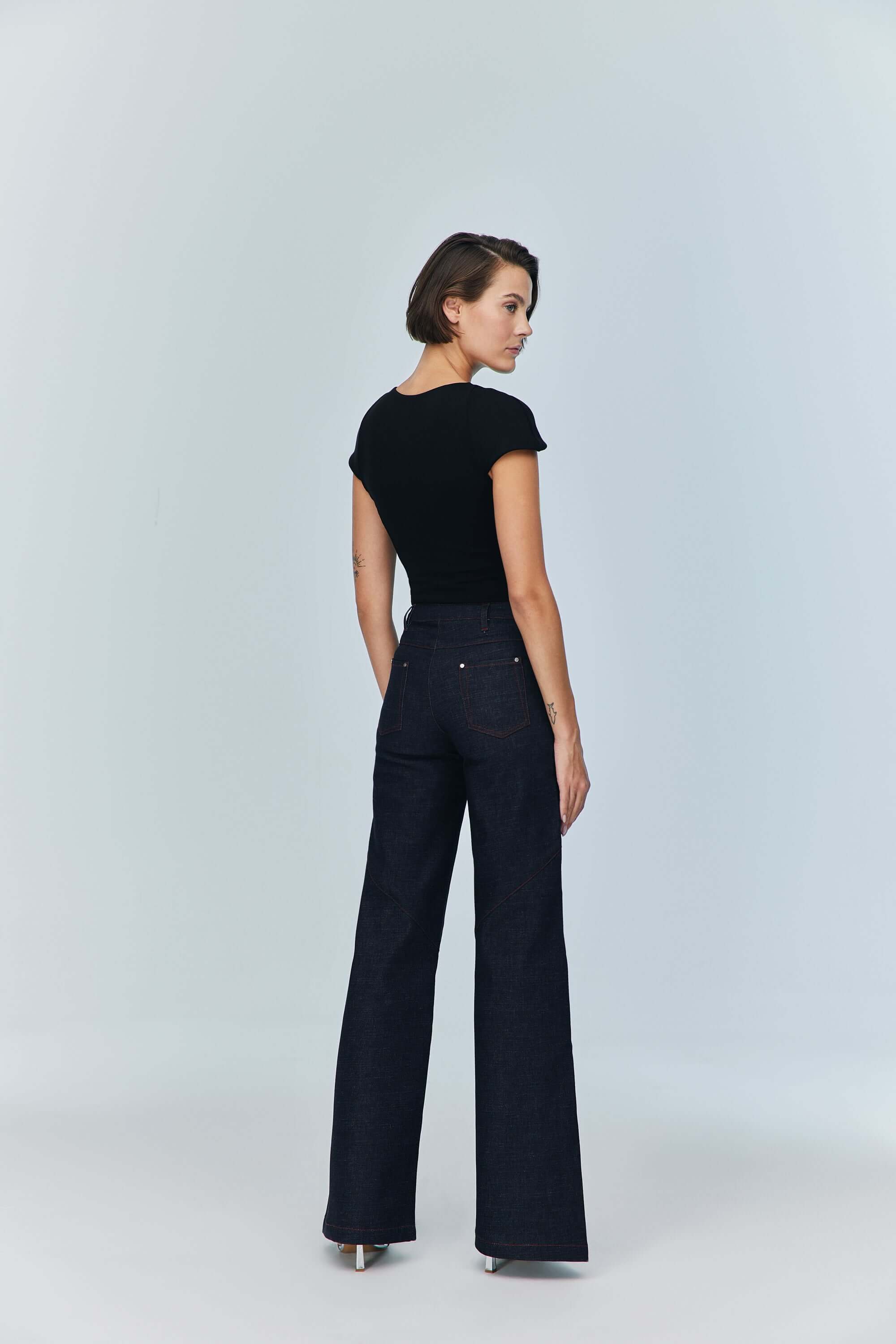 JENDUE Otara Black Bodysuit | Stylish Cut-Out Denim Top