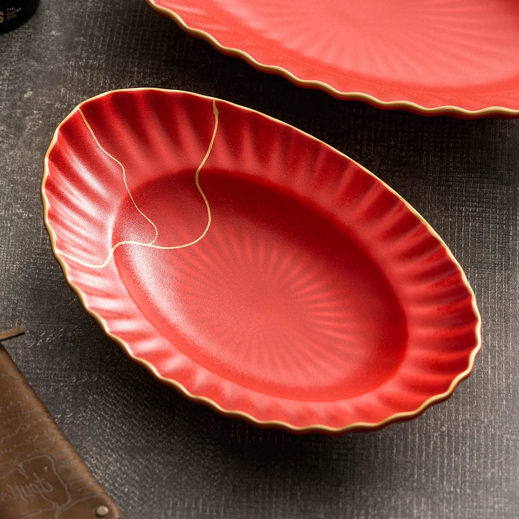 Red Vermilion Glazed Porcelain Serving Plate – Cold Dish Oval Plate Series