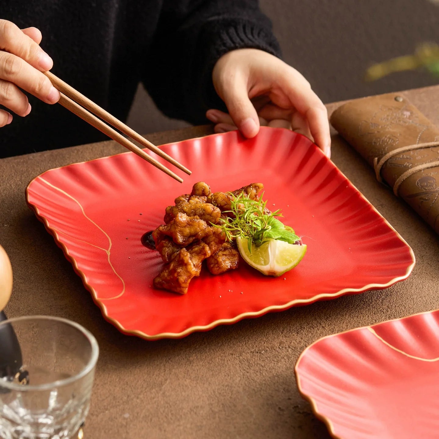 Red Vermilion Glazed Porcelain Square Plate – Kintsugi Design Series