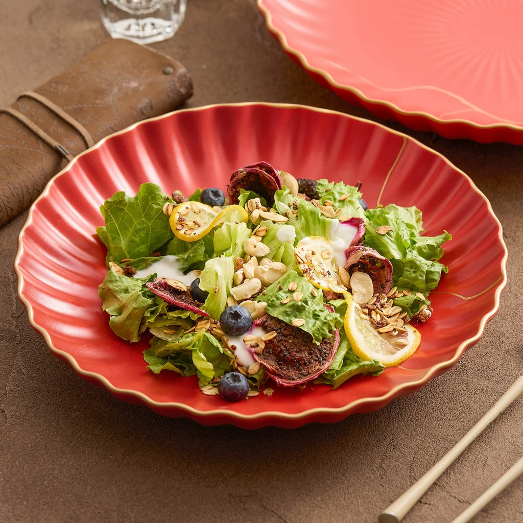 Luxury Red Ceramic Salad Bowl – Elegant Wave Edge with Golden Detailing