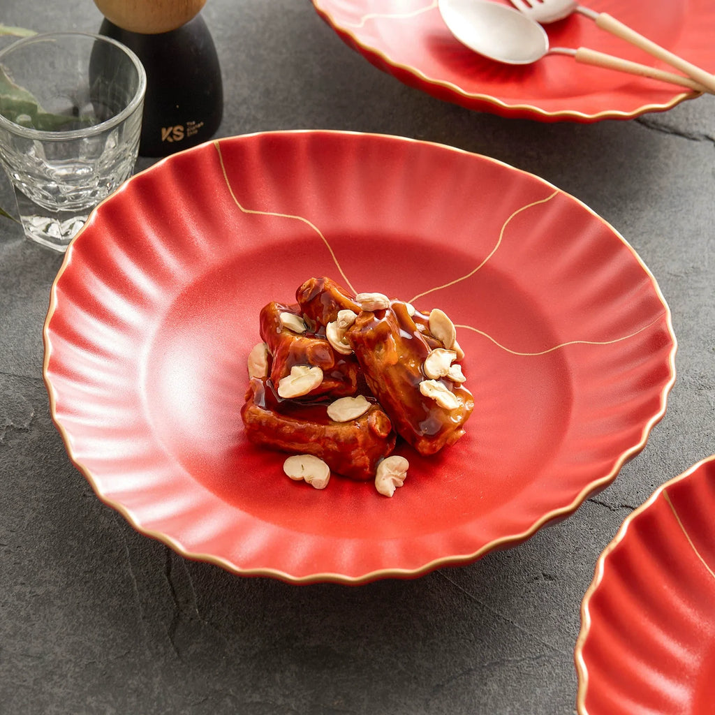 Luxury Red Ceramic Serving Bowl Set with Golden Rim – 9" / 11" / 13"