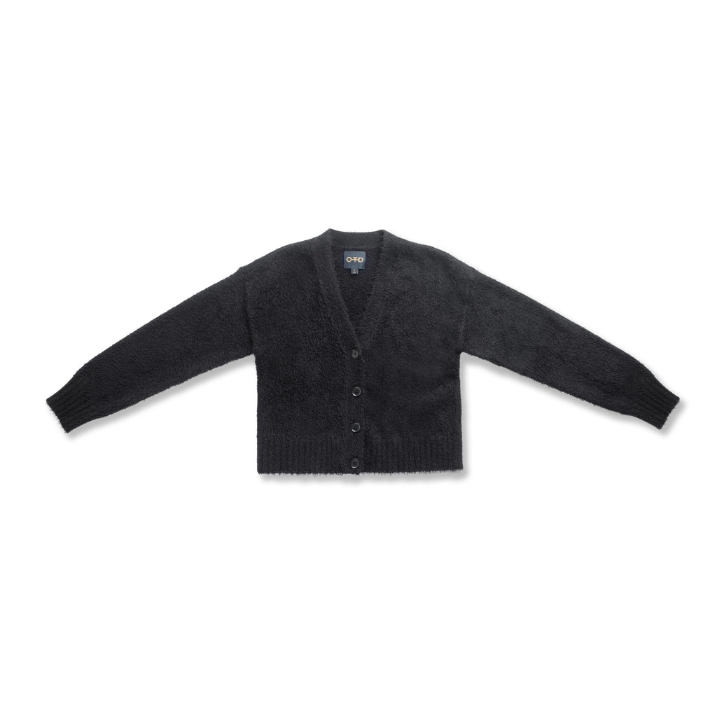 Brushed Teddy Cropped Cardigan Sweater (Black)