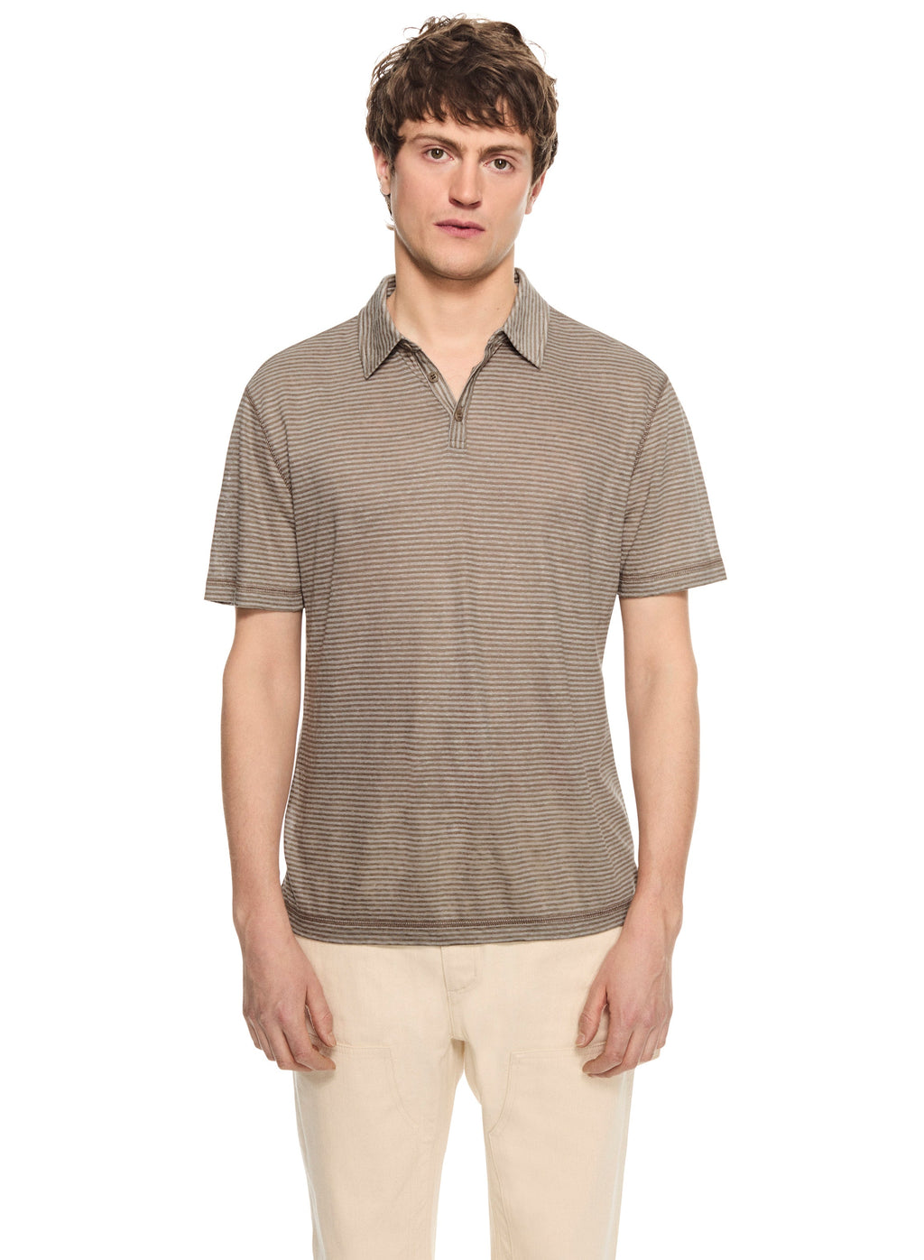 Linen Stripe Polo Shirt (Khaki)