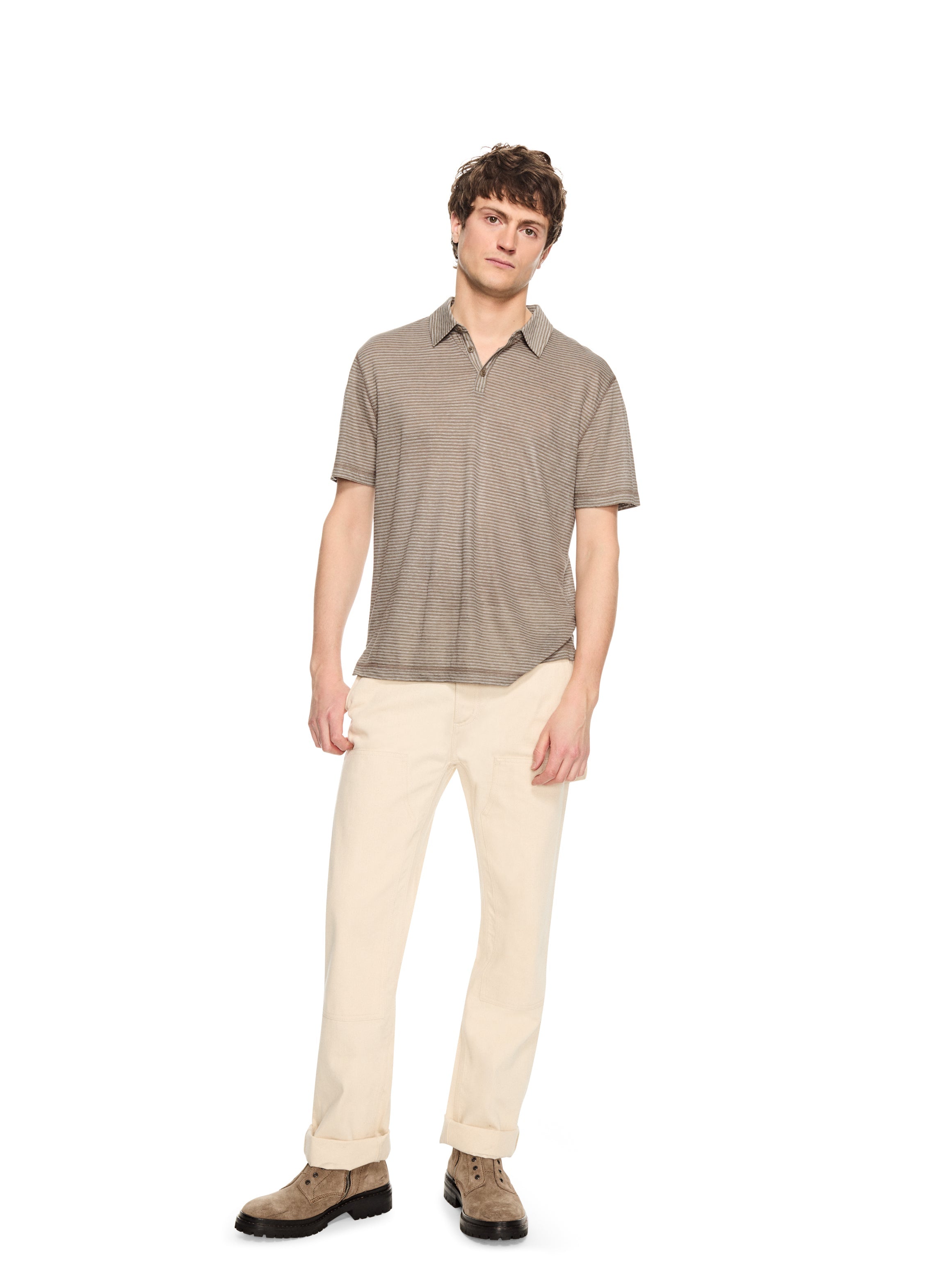 Linen Stripe Polo Shirt (Khaki)