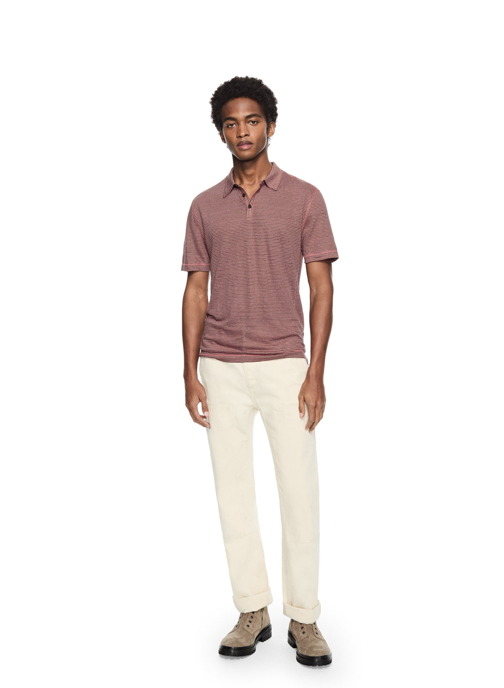 Linen Stripe Polo Shirt (Dark Coral)