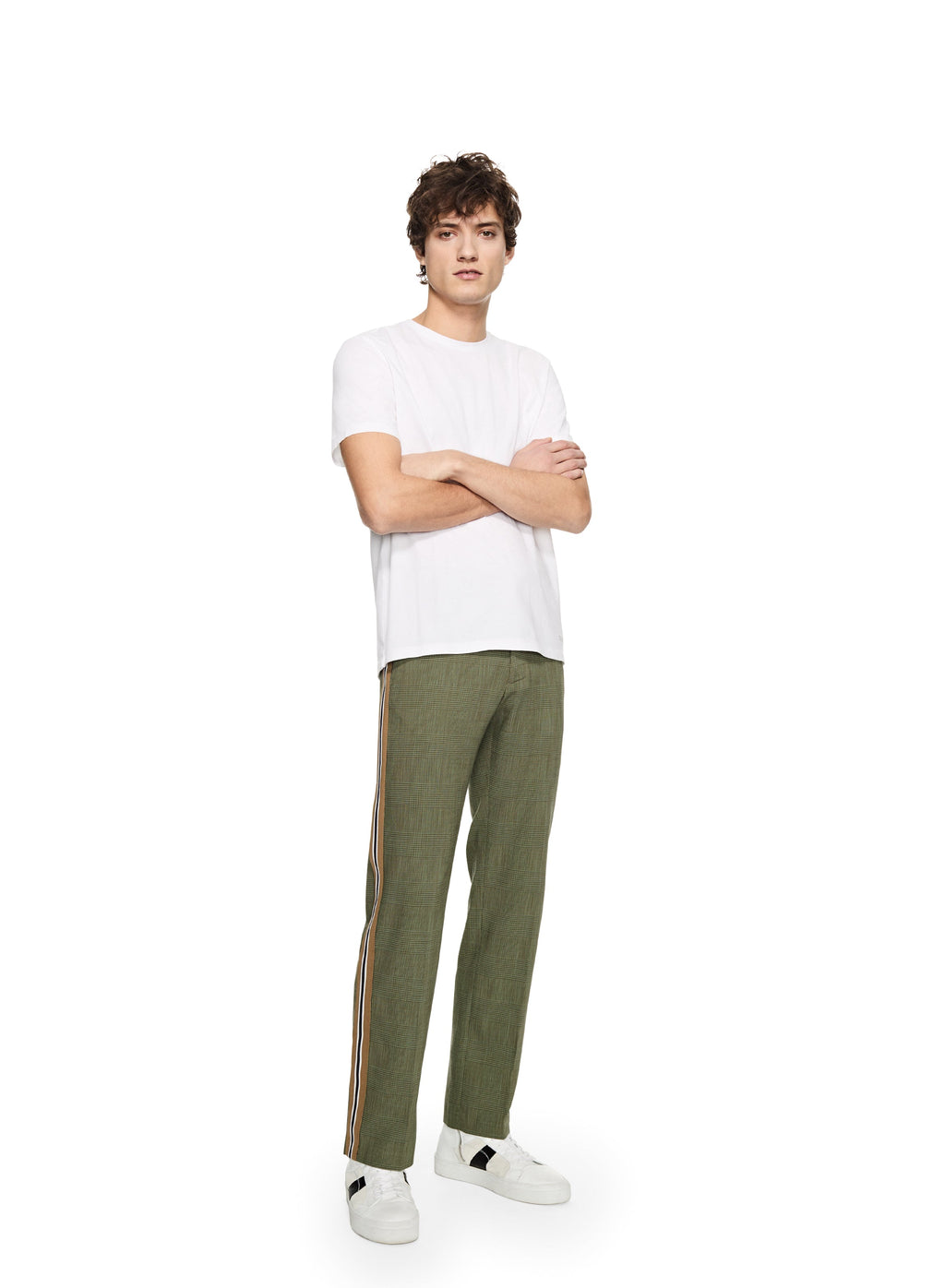 Tonal Glen Plaid Wide-Leg Straight Pant With Side Tape Detail