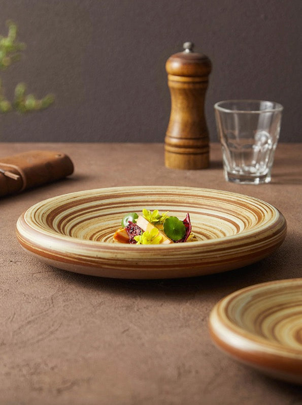 Handcrafted Spiral Stoneware Plate – Shallow Round Dish for Pasta or Salad