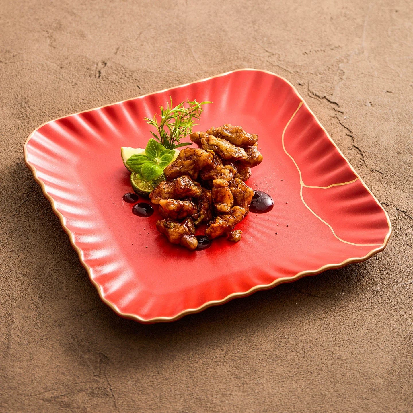 Red Vermilion Glazed Porcelain Square Plate – Kintsugi Design Series